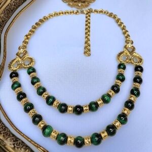 18k Gold Plated Green Cats Eye Stone Crystal Duo Strand Statement Necklace